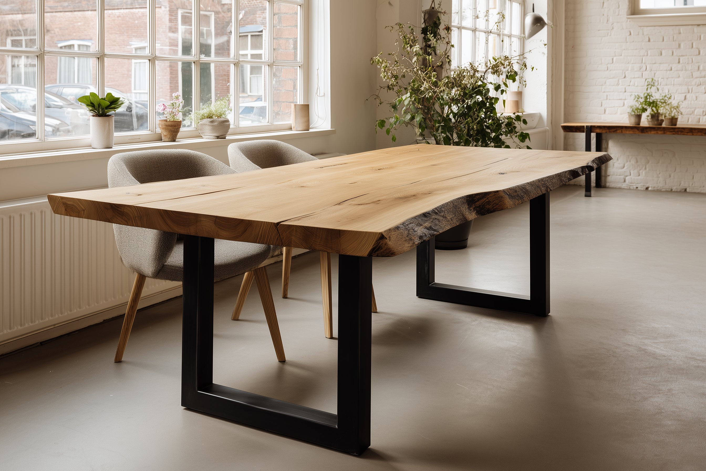 Mesa de comedor de roble macizo con patas de acero negro en U